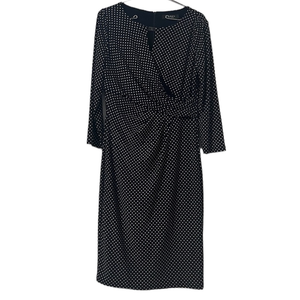 NEW Ralph Lauren Faux Wrap Ruched Jersey Knit Polka Dot Midi Dress in Navy Sz 6